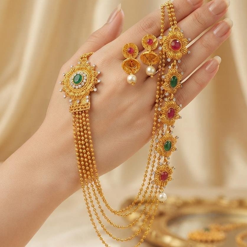 Royal Rajwadi Multi-Layer Gold Plated Necklace Set | Red Green Stone Kundan Necklace with Earrings | Bridal Party Wear Jewelry